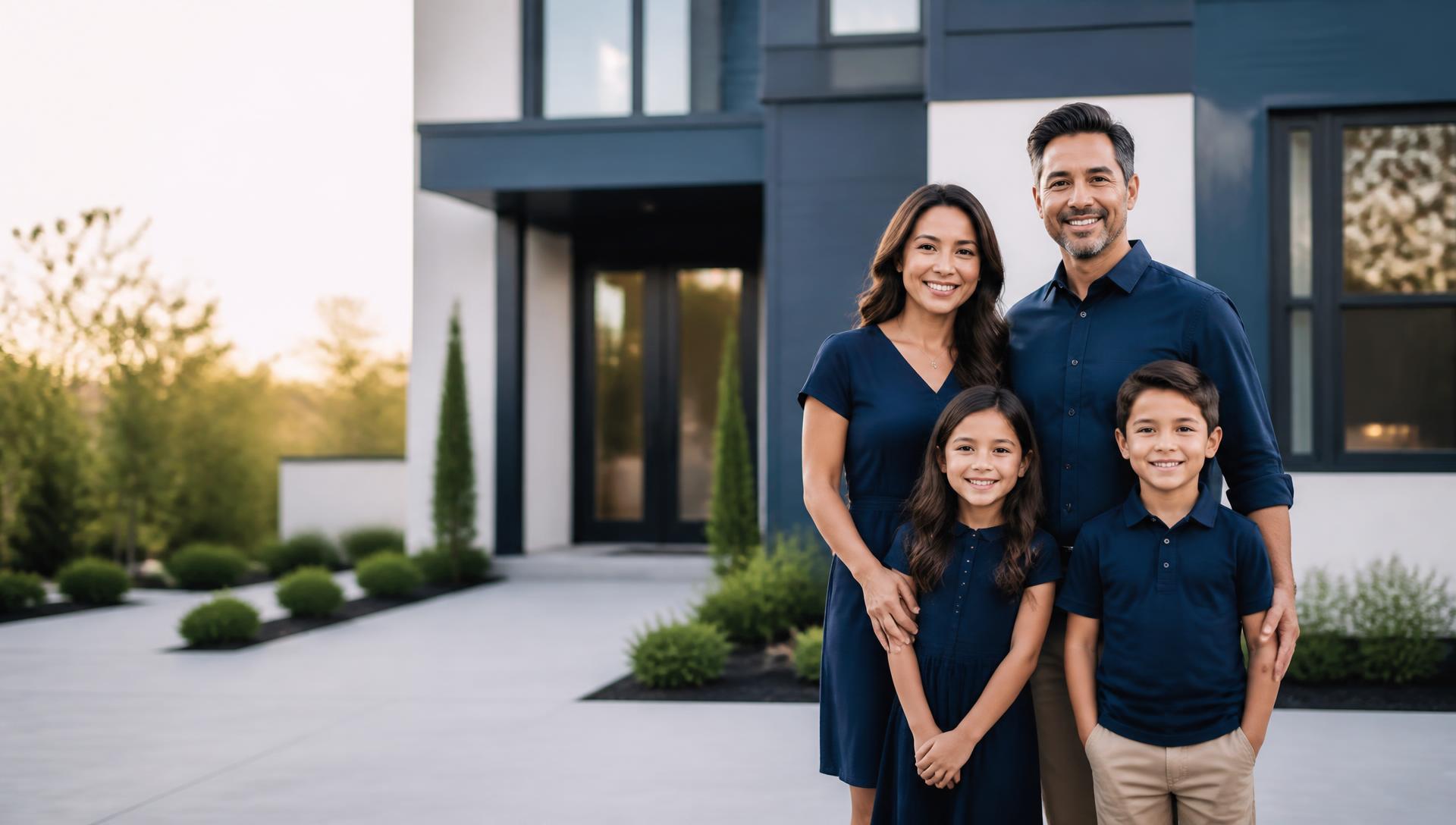 Familia sonriente frente a su hogar, protegida por Atlas Partner Insurance